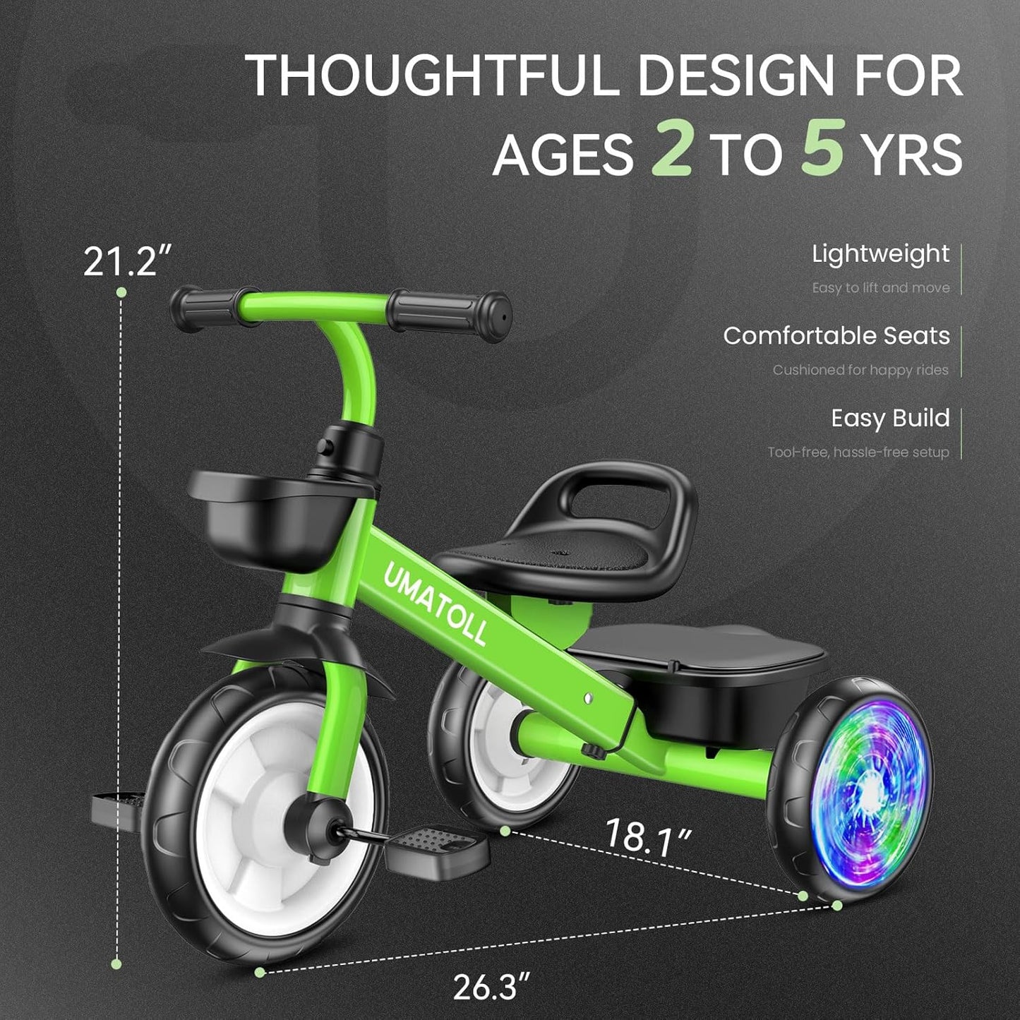 Umatoll Tricycle for Toddlers 2-5 Year Old, Ajustable Toddler Bike Outdoor Toys, Birthday Gift for Girl Age 2-4, Trike with Light up Wheels