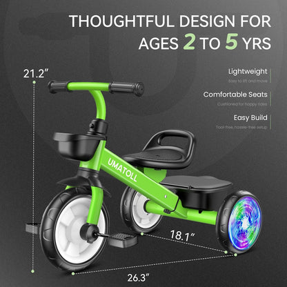 Umatoll Tricycle for Toddlers 2-5 Year Old, Ajustable Toddler Bike Outdoor Toys, Birthday Gift for Girl Age 2-4, Trike with Light up Wheels