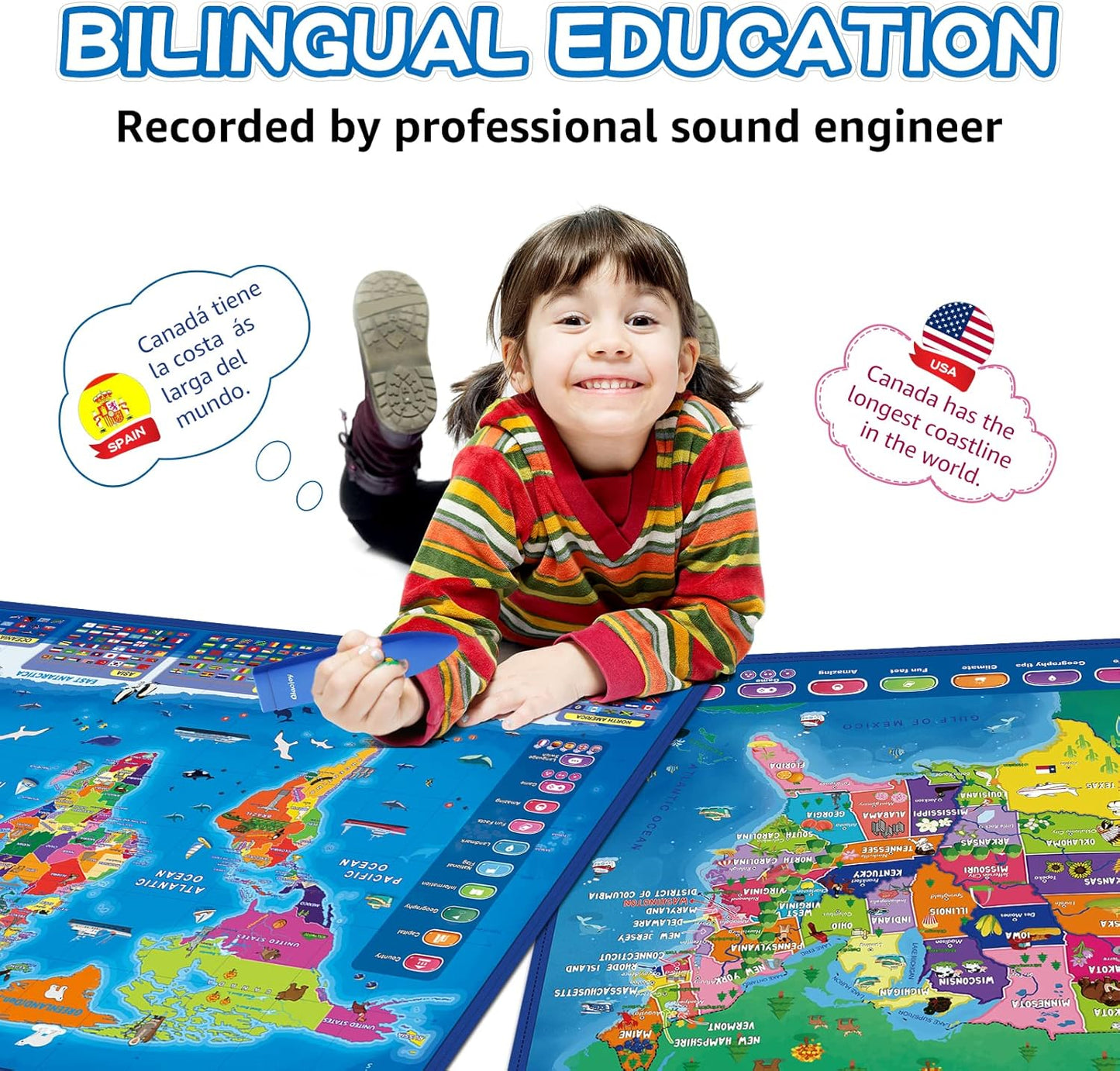 Qiaojoy Bilingual Interactive World Map for Kids Learning and Educational Toys, Talking Electronic Kids World Map i-Poster Geography Games Ages 3 to 12 Years Old, Custom Talking Birthday Gifts Card