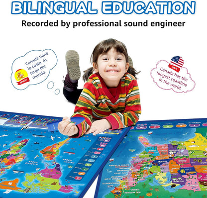 Qiaojoy Bilingual Interactive World Map for Kids Learning and Educational Toys, Talking Electronic Kids World Map i-Poster Geography Games Ages 3 to 12 Years Old, Custom Talking Birthday Gifts Card