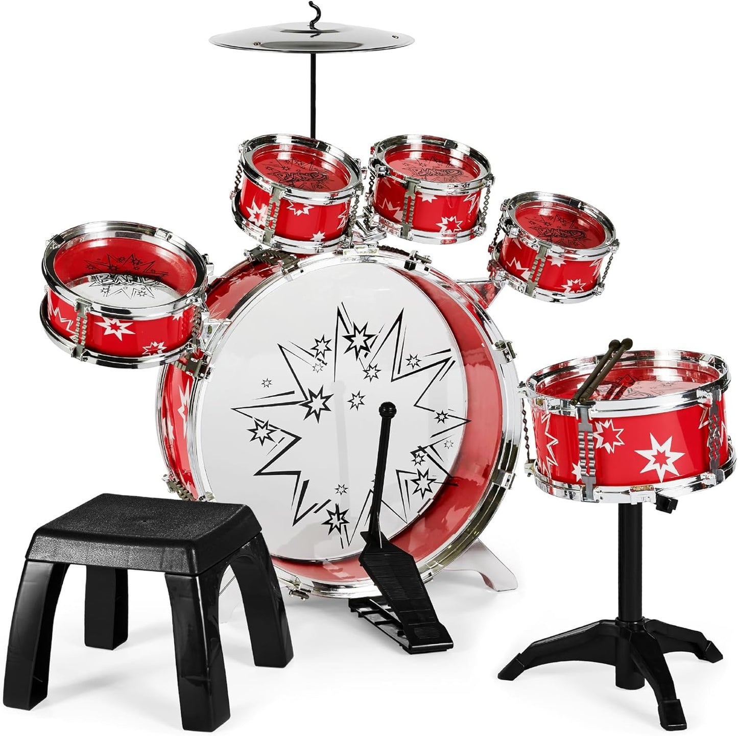 Best Choice Products 11-Piece Kids Beginner Drum Kit, Musical Instrument Toy Drum Set for Music Practice w/Bass, Toms, Snare, Cymbal, Stool, Stand Drumsticks - Black