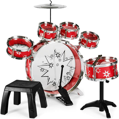 Best Choice Products 11-Piece Kids Beginner Drum Kit, Musical Instrument Toy Drum Set for Music Practice w/Bass, Toms, Snare, Cymbal, Stool, Stand Drumsticks - Black