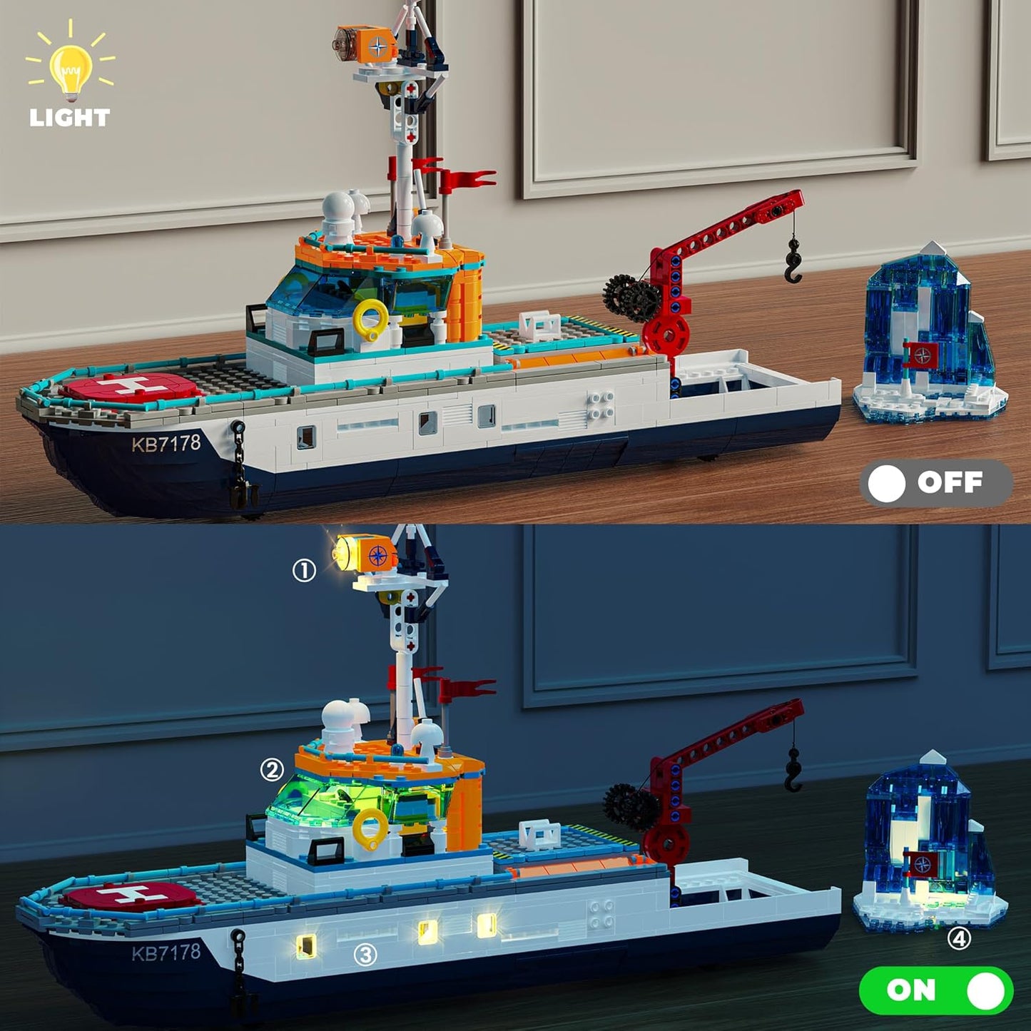 City Boat Building Set with LED Lights, Arctic Explorer Ship Toy Gift for 8 Year Old Boys and Girls, with Helicopter, Drone, Speedboat, Submersible, Iceberg, and Polar Bears