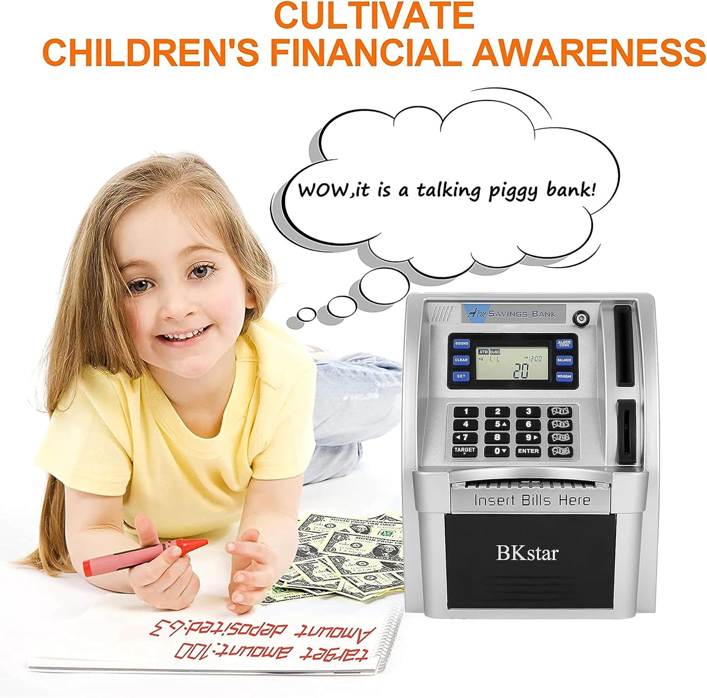 BKstar ATM Piggy Bank for Kids - Talking Electronic Money Bank with Debit Cards & Digital Coin Counter for Real Money, Boys Girls