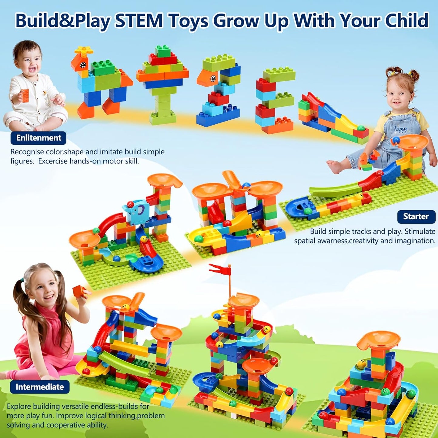 Marble Run Building Blocks for Kid: 3 4 5 6 8 Year Old Montessori Education Preschool STEM Toy - Age 4-8 Kids Creative Puzzle Marbles Track - Christmas Birthday Gifts for Boys Girls