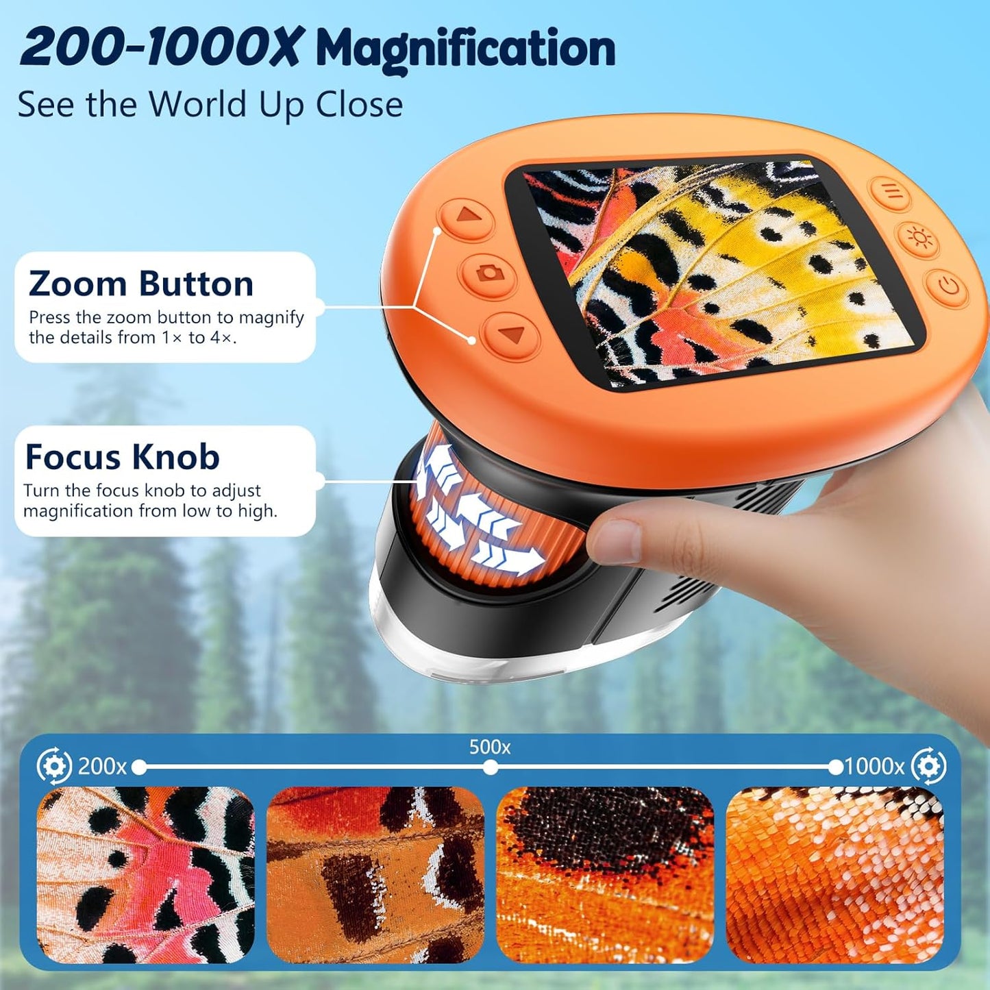 Odatay 4K 1000X Digital Microscope for Kids with Long Distance Viewing & 2.4" Screen, Portable Handheld Edu Toys for Kids Age 3-12 Exploring Bugs Plants at Home Classroom & Outdoor Travel, Yellow