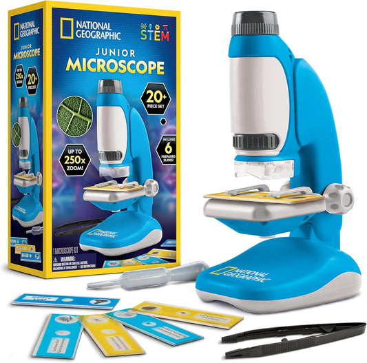 NATIONAL GEOGRAPHIC Microscope for Kids - Science Kit with an Easy-to-Use Kids Microscope, Up to 400x Zoom, Blank and Prepared Slides, Rock & Mineral Specimens, STEM Project Toy