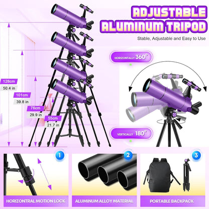 Dianfan Telescope for Kids & Adults, 80mm Aperture 500mm Astronomical Professional Telescope for Adults High Powered, Portable Travel Telescopes for Beginners with Tripod & Adapter, Stickers, Backpack