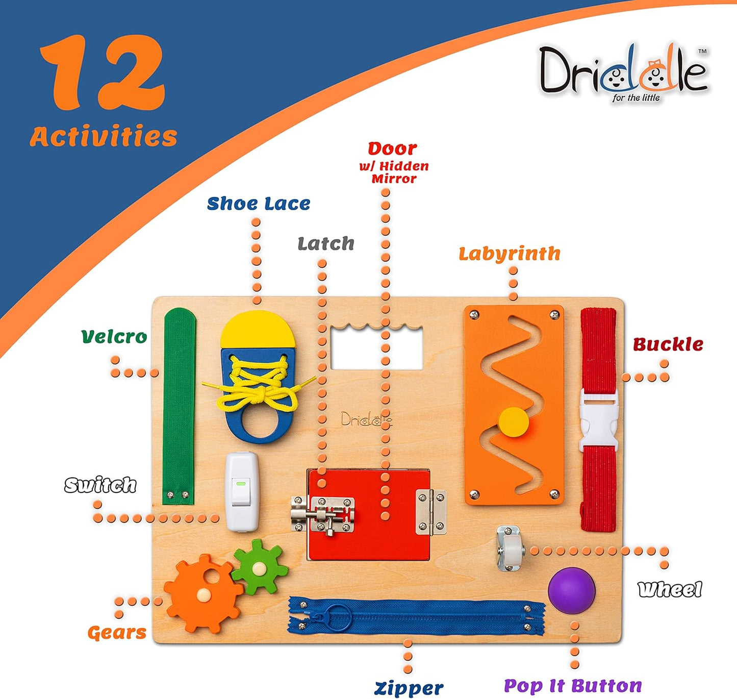 Driddle Busy Board - Wooden Montessori Activity Board for Toddlers & Kids - 12 Educational Sensory Toys to Learn Basic Life Skills & Develop Fine Motor Skills + Baby Mirror