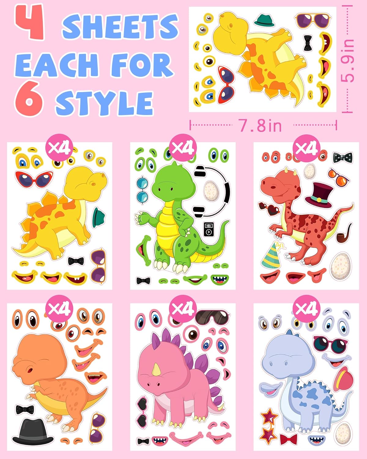 24 Pcs Make Your Own Dinosaur Sticker Sheets, Dinosaur Party Favors Face Stickers for Kids Boys Toddlers Crafts Activities Gift Bags Birthday Party Valentines Day Gifts for Kids Classroom