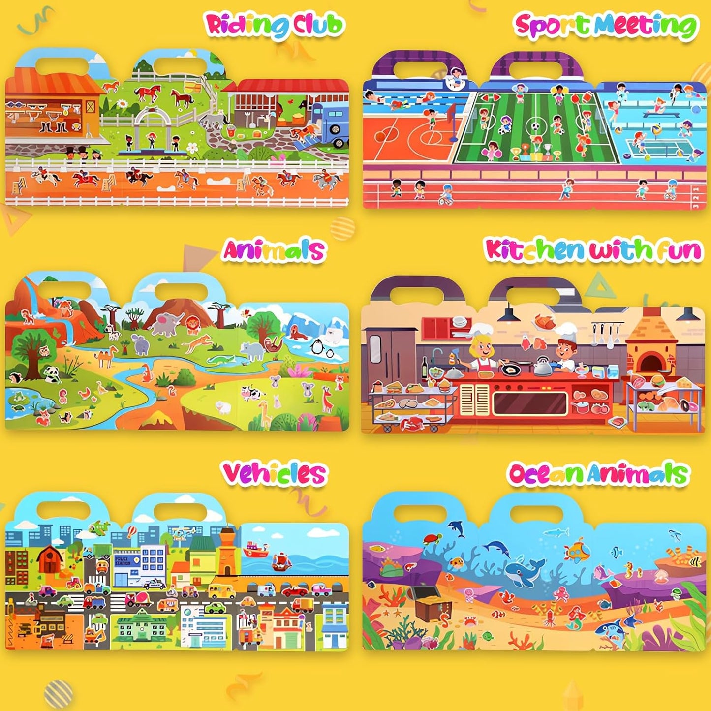 Sticker Books for Toddlers 2-4 Years, Travel Sticker Book with Washable Jelly Stickers, Foldable Carry Handle Quiet Toy, 5 Theme Scenes for Kids 3-5, Dinosaur+Space+Ocean+Fairy Tale+Pizza