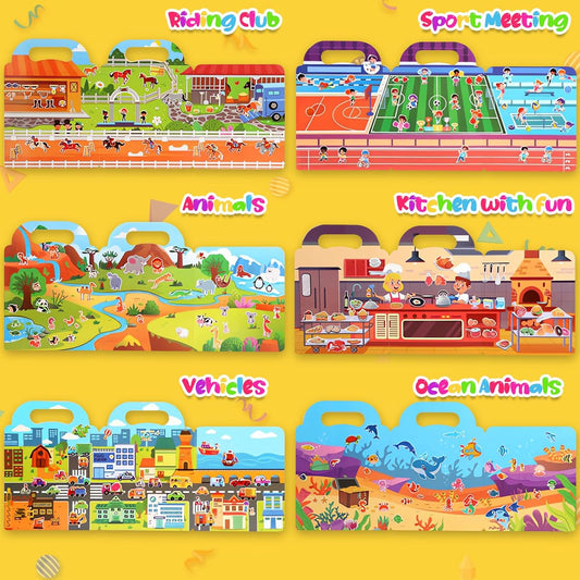Sticker Books for Toddlers 2-4 Years, Travel Sticker Book with Washable Jelly Stickers, Foldable Carry Handle Quiet Toy, 5 Theme Scenes for Kids 3-5, Dinosaur+Space+Ocean+Fairy Tale+Pizza