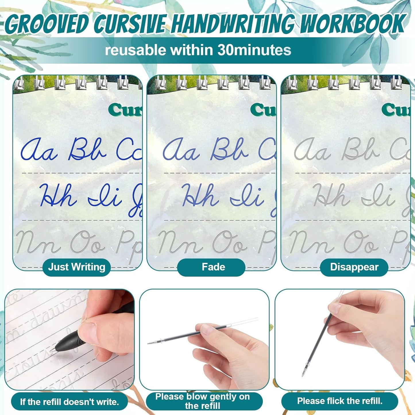 Maitys Grooved Cursive Handwriting Workbook Kit Reusable Cursive Workbook Groove Writing Practice Books Grooved Handwriting Practice for Adults and Beginner Improving Write Skills