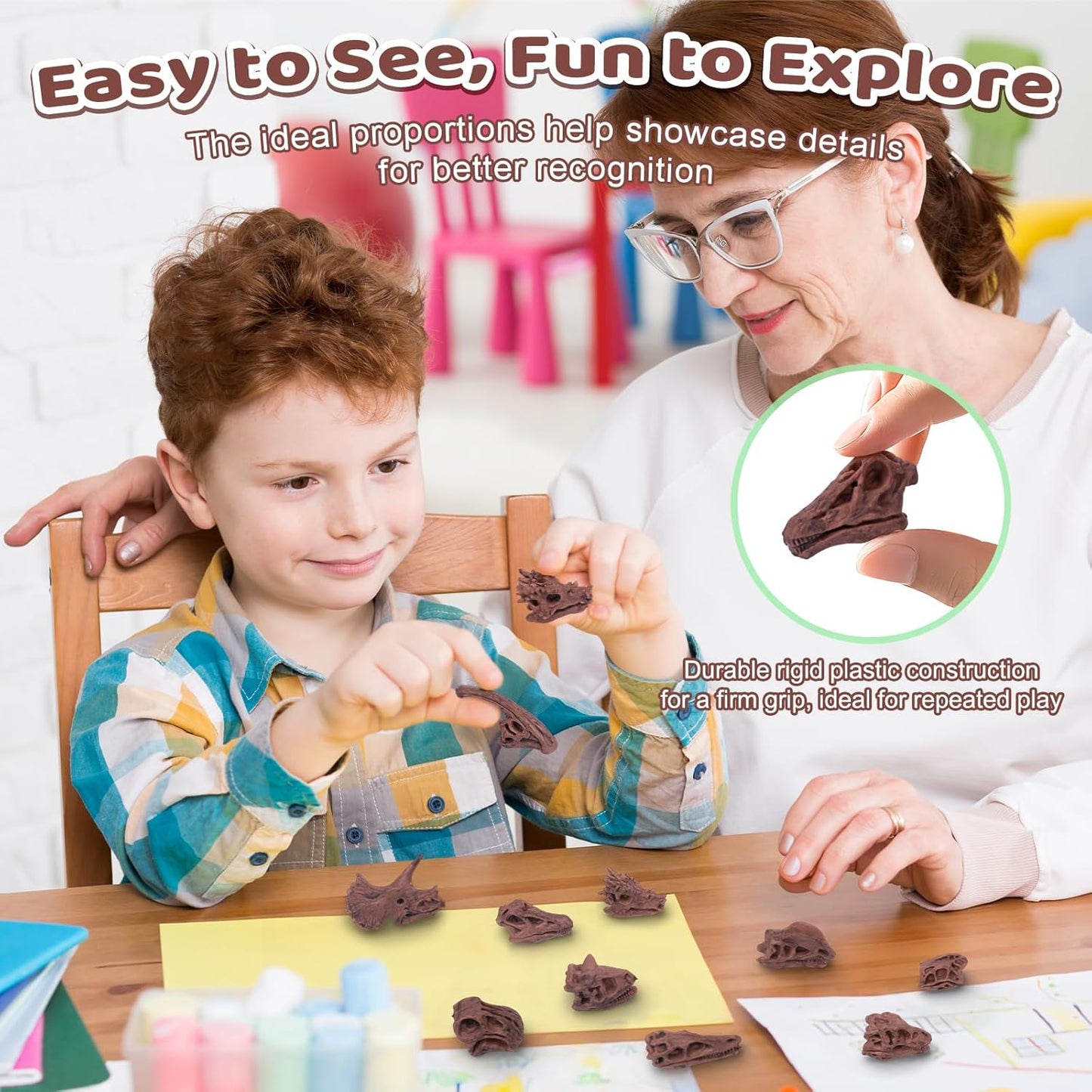 24-Piece Dinosaur Bone for Sandbox, Realistic Dinosaur Figure Plastic Dino Skulls Bulk for Sand Box Easter Dino Themed Birthday Party Digging Sensory Bin Cake Decoration Classroom Prize, Brown