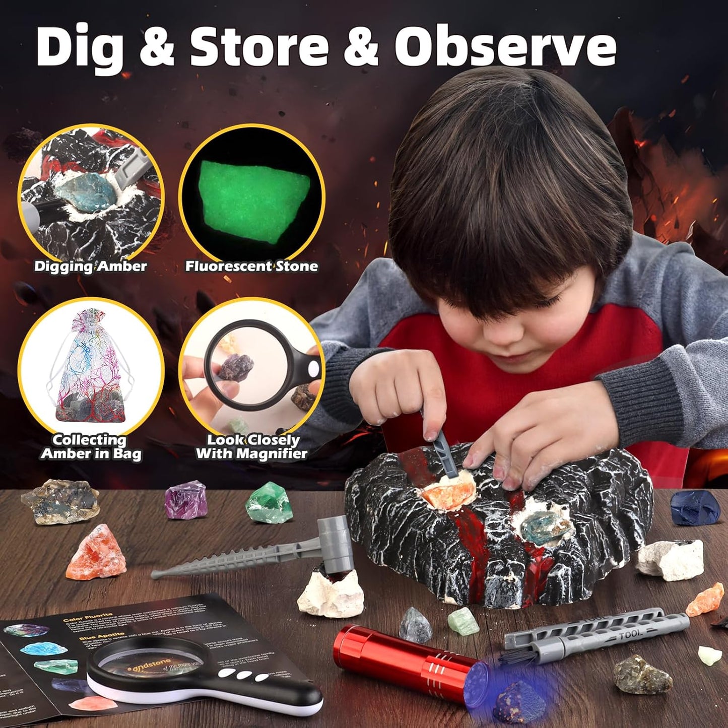Amber Dig Kit - Insects in Resin, 8 Insects Specimens Excavation Kit, Gemstone Bugs for Kids, Fossil Bug Toys Dig Kits for Bugs Collection, Insect Toys for Boys Girls 6 and up Year Old Birthday Gifts