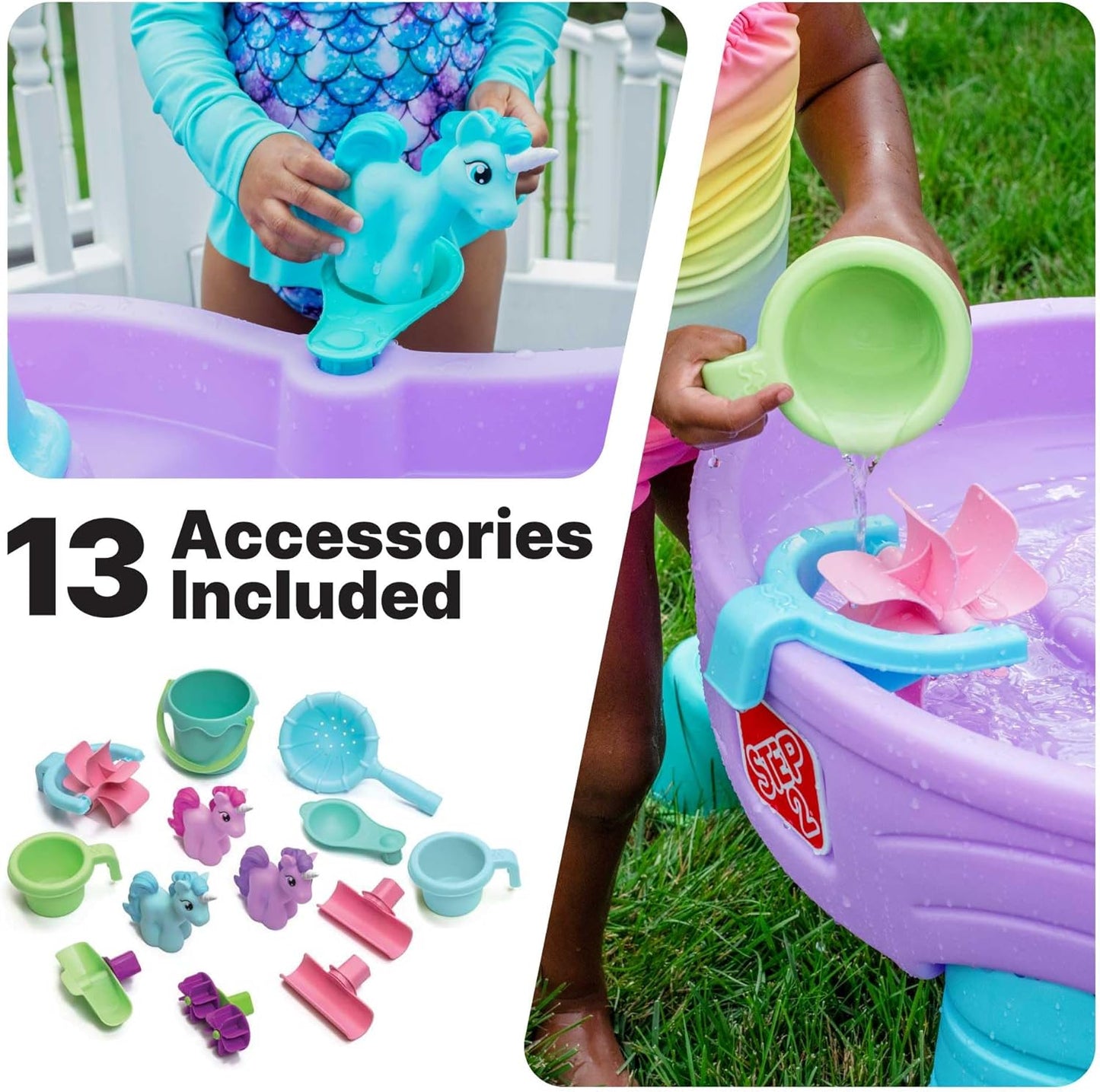 Step2 Rain Showers Splash Pond Water Table with Cover, Kids Water and Sand Activity Sensory Playset, Summer Outdoor Toys, 13-Piece Water Toy Accessories, For Toddlers 1.5+ Years Old, Blue & Green