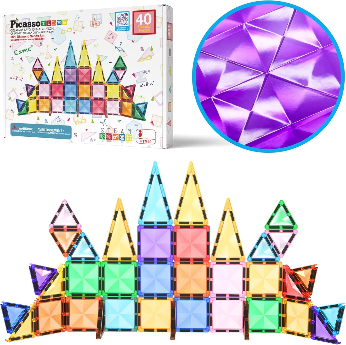 PicassoTiles 80 PCs Magnetic Tiles Travel Size Mini Version Building Block Construction Set for Kids Great Gift Ages 3+ Boys & Girls Preschool Kindergarten Montessori Playing Toys Stacking Fun PTM80