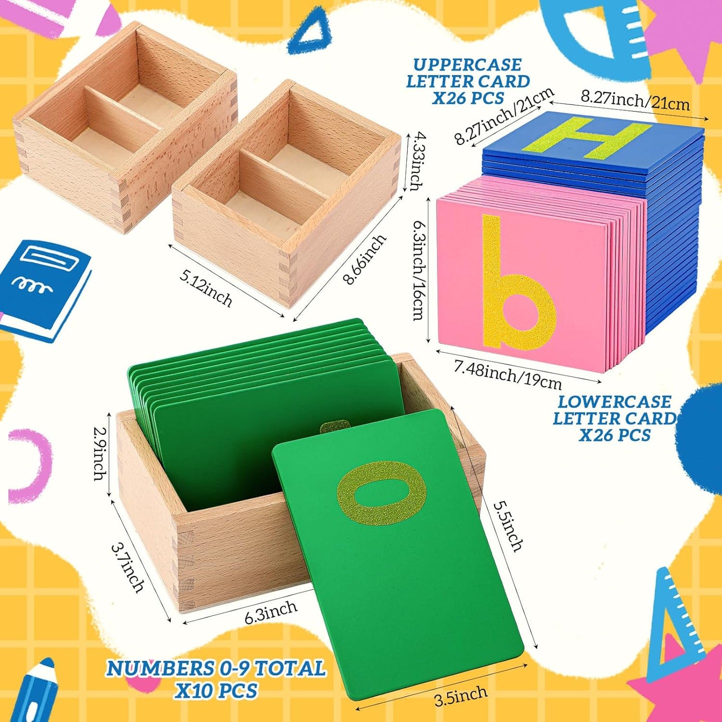 Henoyso 3 Sets Sandpaper Letters with Boxes Lower and Capital Case Sandpaper Sensory Tactile Letters Alphabet for Learning Education Easter Gift (Letter,Number,Bright)