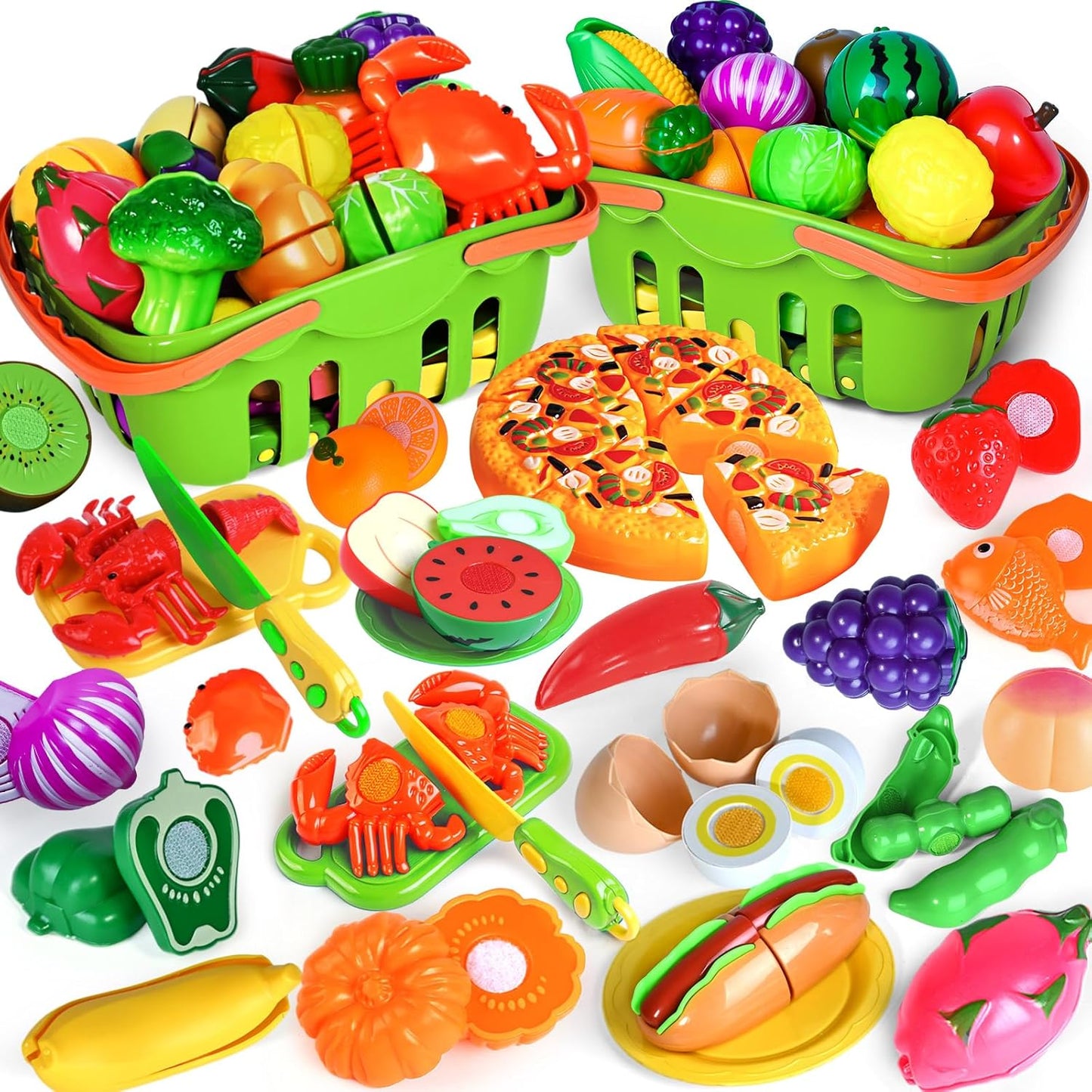 100 PCS Cutting Play Food Toy for Kids Kitchen, Pretend Food Toys for Toddlers, Play Kitchen Toys Accessories with 2 Baskets, Fake Food/Fruit/Vegetable, Birthday Gifts for 3 4 5 Years Old Boys Girls