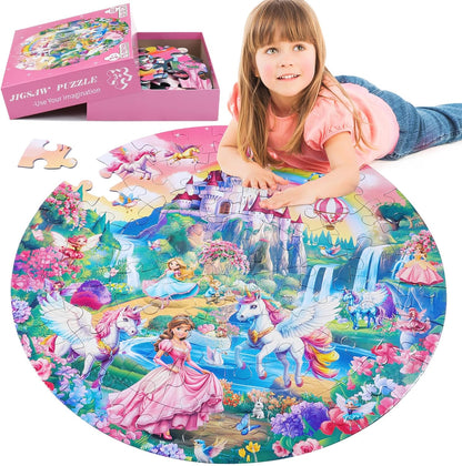 Civaner 70 Pieces Floor Puzzles Round Large Puzzles for Kids Ages 3-5 5-8 Jumbo Jigsaw Puzzle Educational Gifts for Toddlers Girls Boys Baby Shower Holiday Birthday(Unicorn)
