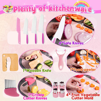 Kids Baking Cooking Set Real & Toddler Kid Apron, Kids Knife Set for Real Cooking & Basket,Food-Grade Material,Montessori Toddler Kitchen Tools, Christmas Birthday Gift for 3-10 Year Old Girls Boys