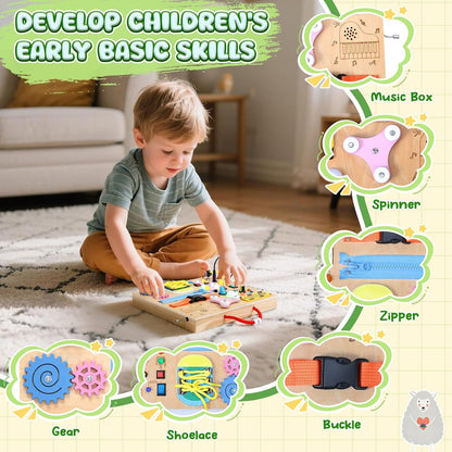 MoKo Montessori Busy Board Toys for 3+ Years Old Wooden Sensory Toys Board with LED Light Up Switch, Locks, Zippers, Music Boxes Learning Educational Fidget Toy for Toddlers Boys & Girls