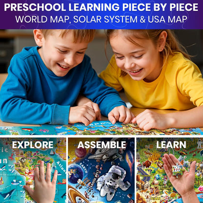 QUOKKA 3X Set Learning Board Games for Kids 8-12 - Educational Trivia Cards Ages 6-8 - Travel United States - World Map - Explore Outer Space - Gift for Children and Teens 4-8 - Jigsaw Puzzles