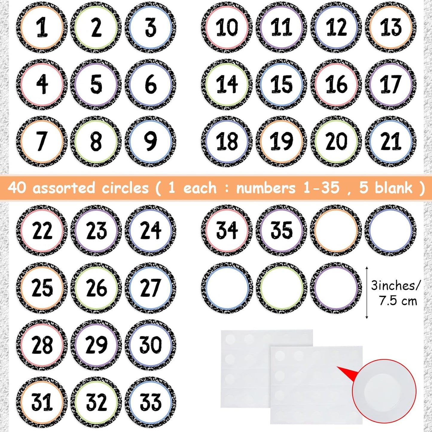 Chinco 40 Pieces Eucalyptus Laminated Numbers Cutouts for Classroom Decor - Farmhouse Circle Wood Grain Bulletin Board Accents with 40 Adhesive Glue Point Dots