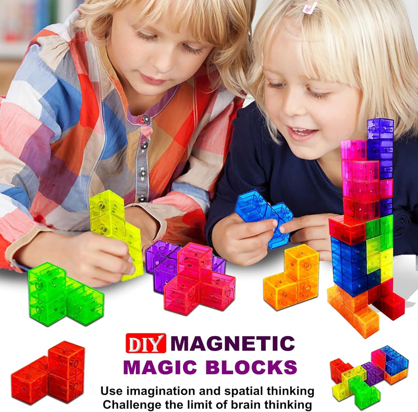 Magnetic Building Blocks Magic Magnetic 3D Puzzle Cubes, Set of 7 Multi Shapes Magnetic Blocks with 54 Guide Cards,Parent-Child Interactive Children's Educational Toys (7color)