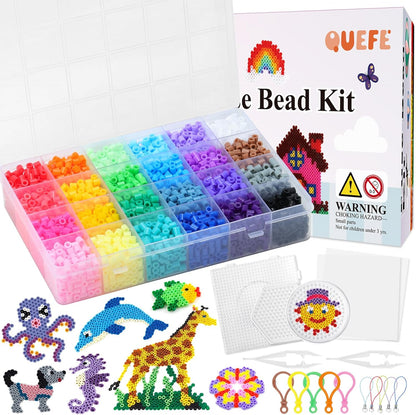 QUEFE 5200pcs Fuse Beads Kit for Boys and Girls, 24 Colors 5mm Melting Beads Set Including Pegboards, Ironing Paper, Tweezers, Colorful Hooks for Birthday and Christmas Gift