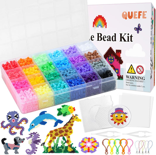 QUEFE 5200pcs Fuse Beads Kit for Boys and Girls, 24 Colors 5mm Melting Beads Set Including Pegboards, Ironing Paper, Tweezers, Colorful Hooks for Birthday and Christmas Gift
