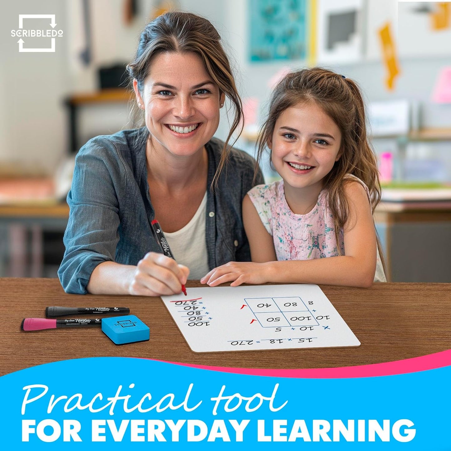 SCRIBBLEDO Dry Erase Ten Frame Area Model Board 9" x 12" Double Sided Whiteboard Math manipulatives for Kids - Area Model and 2 Ten Frames Math Practice for Addition Subtraction and Multiplication