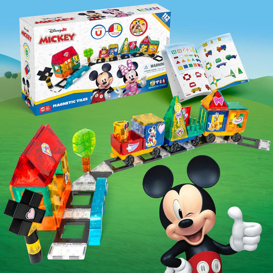 Tytan Official Disney Junior Mickey Mouse Jumbo Train Magnetic Tile Set – 112-Piece STEAM Toy Featuring Magnetic Cubes, Wheeled Bases, Reusable Stickers & Instruction Manual – Kids Ages 3+