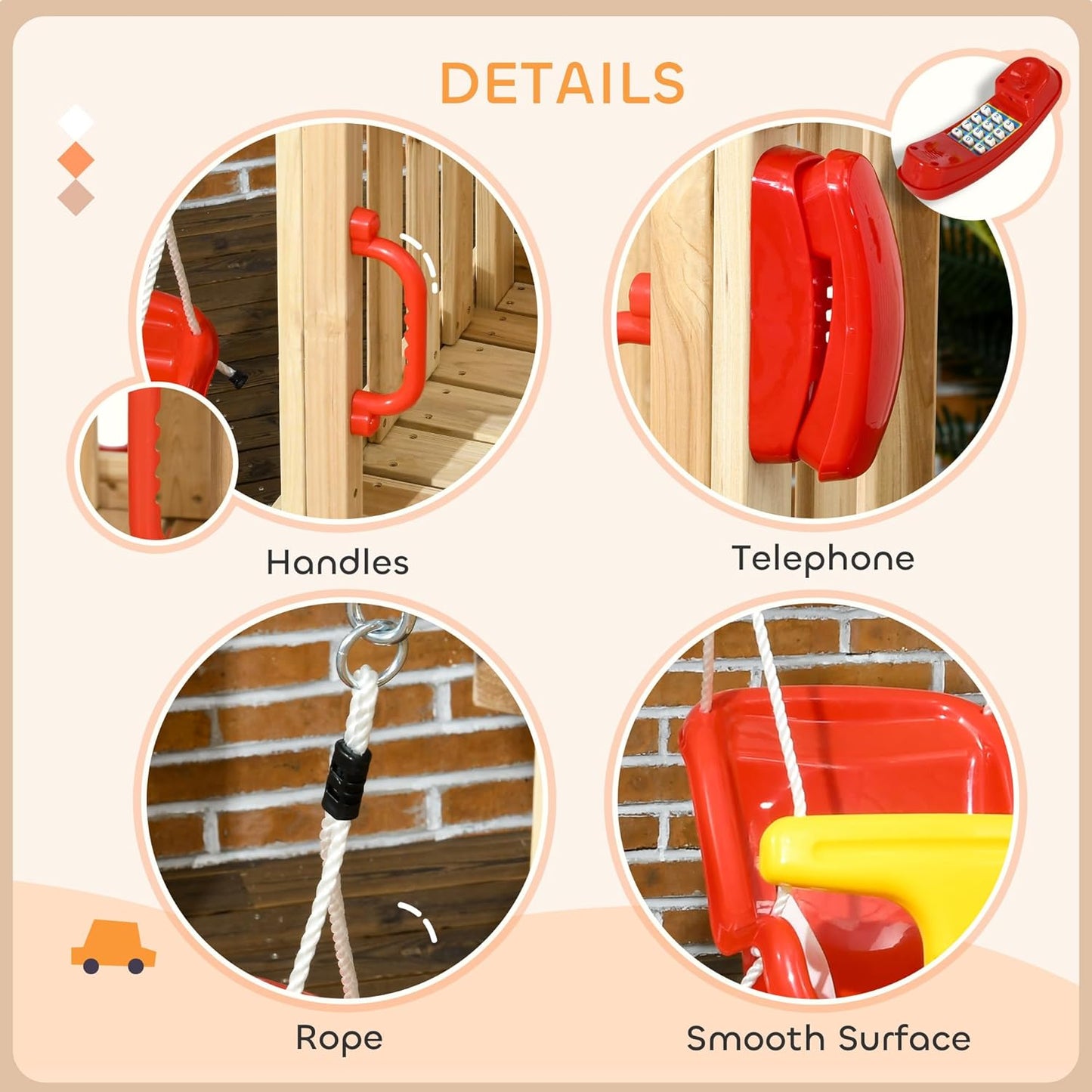 Outsunny Swing Set for Backyard, Wooden Toddler Outdoor Playset with Baby Swing Seat, Kids Slide, Fort, Playground Equipment with Captain's Wheel, Telescope for Ages 1.5-4, Natural