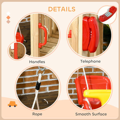 Outsunny Swing Set for Backyard, Wooden Toddler Outdoor Playset with Baby Swing Seat, Kids Slide, Fort, Playground Equipment with Captain's Wheel, Telescope for Ages 1.5-4, Natural