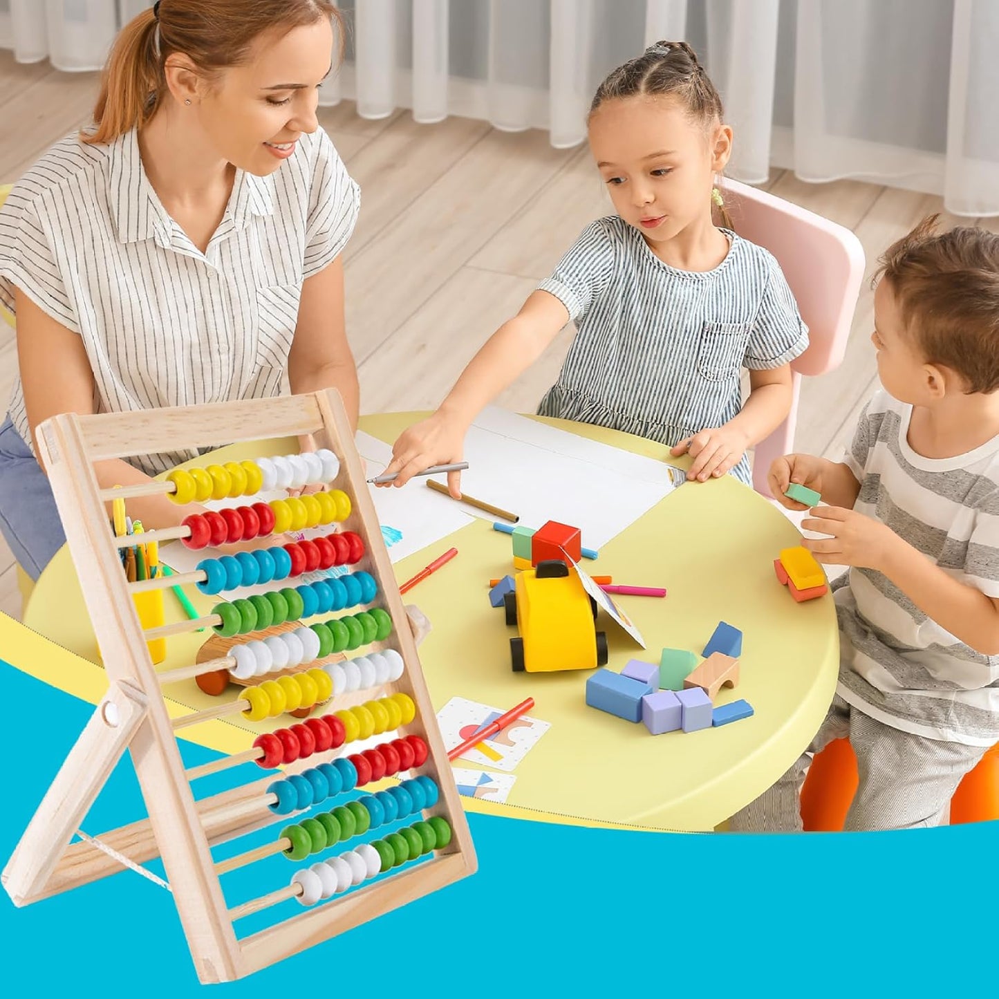 Abacus for Kids Math with Multi-Color Beads, 10-Row Wooden Abacus for Toddlers 3-5, Counting Blocks, Preschool Math Learning Tools for Kids 6-8