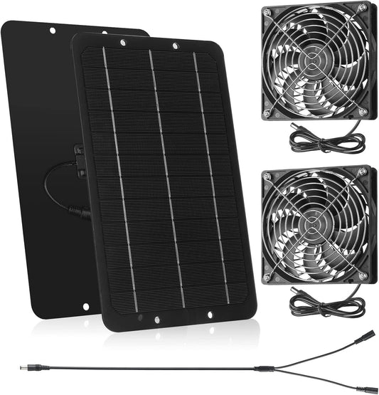 Riakrum Solar Powered Fan Solar Panel Dual Fans Kit 10w 12v Exhaust Fan Outdoor Waterproof for Greenhouse Chicken Coop Pet House Sheds Window(2 Set)