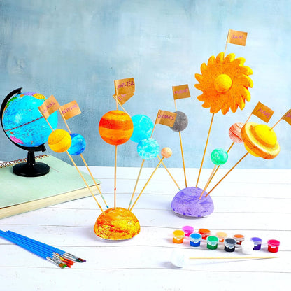 Jutom 56 Pcs Solar System Project Kit Solar System Model Includes 20 Mixed Sized Foam Balls, 15 Sticks, 15 Food Stick Flag, 6 Painting Brushes for School Science DIY Planet Handcraft