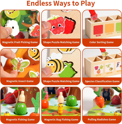 INIFEIDALA Montessori Toys for 3 4 5 Year Olds | Birthday Gifts for Boys & Girls, Wooden Educational Toddler Toys, Shape Sorting, Carrot Harvest & Magnetic Fishing Game – Fine Motor Skills Development