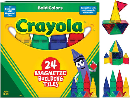 CreateOn Crayola Glitter Magnetic Tiles, Building Set for Kids, Magnetic Tiles, Kids’ Building Toys, STEM & Montessori Toys for Boys and Girls Ages 3+, 24-Piece Set (Glitter)
