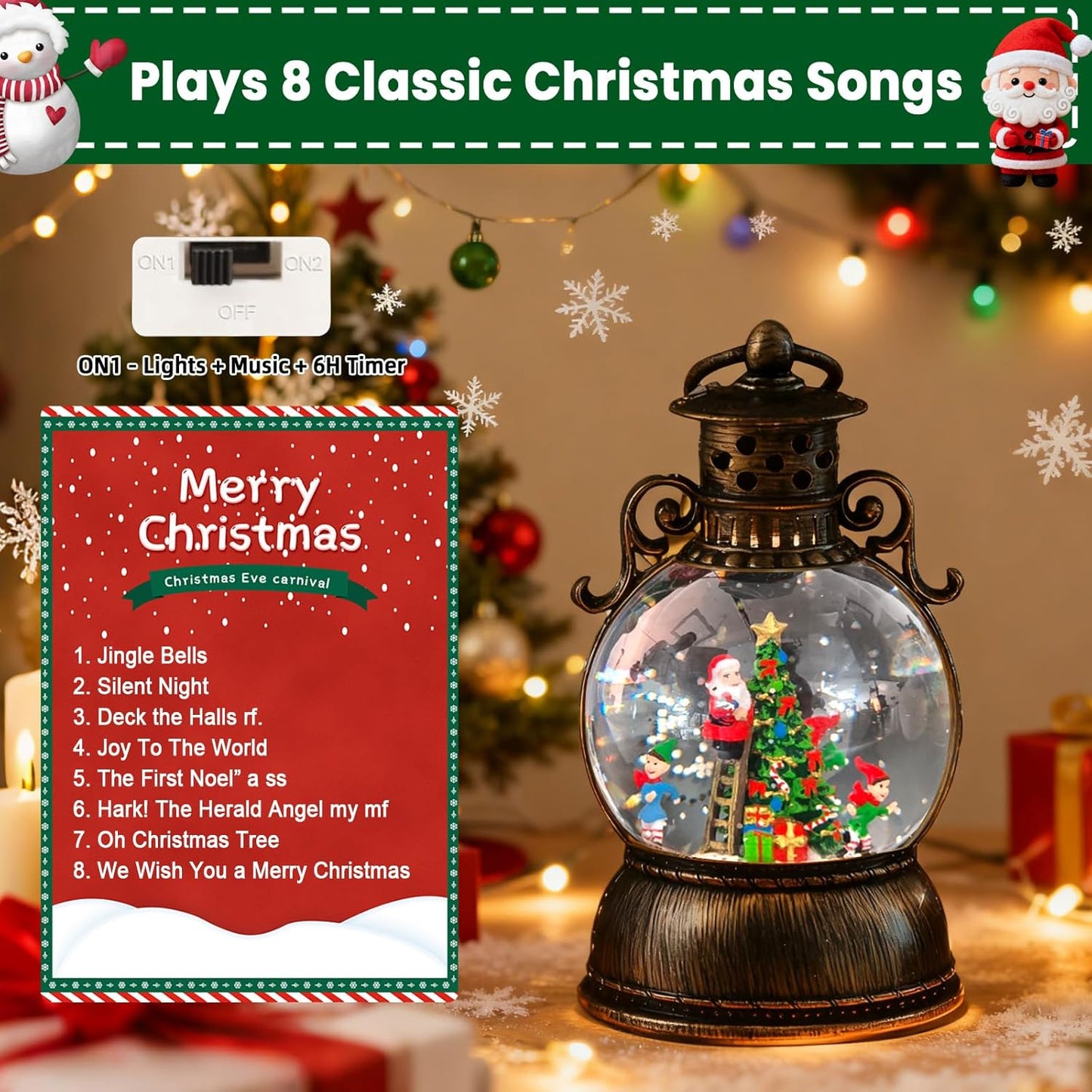 2026 Christmas Tree Train Lighted Musical Snow Globe Lantern Glittering Water Swirling Snowfall Singing Light up Decorative Holiday Decoration, 6H Timer, USB/Battery Operated, Home Décor Accent Gift
