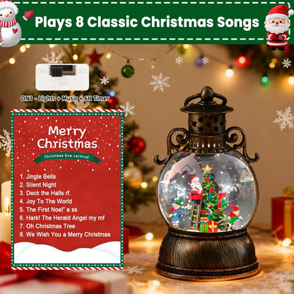 2026 Christmas Tree Train Lighted Musical Snow Globe Lantern Glittering Water Swirling Snowfall Singing Light up Decorative Holiday Decoration, 6H Timer, USB/Battery Operated, Home Décor Accent Gift