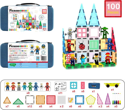 PicassoTiles 101 PCs Magnetic Tiles Building Block with Storage Case Included Bold Colors Travel Carry Case Construction Set for Boys & Girls Great Gift Preschool Kindergarten Montessori Playing Toys