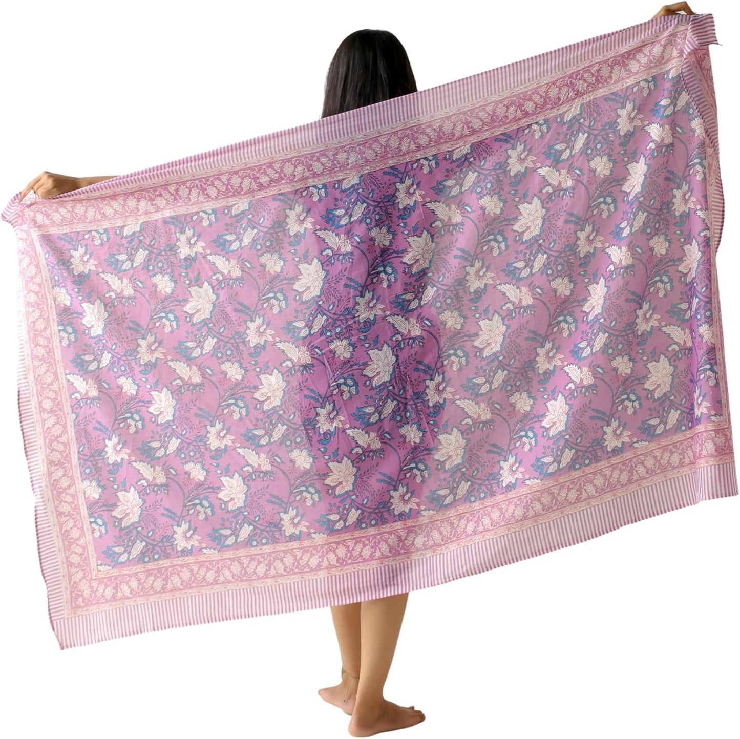 100% Cotton Sarong Cover Up for Women Indian Block Print Beach Wrap Skirt Long Boho Swimsuit Bikini Pareo (73” x 43”)