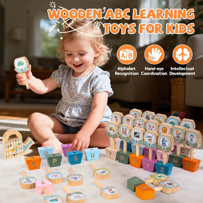 Montessori ABC Learning Toys for Kids, Wooden Matching Games for Toddlers 3-5 - Letter & Flower Matching Alphabet Puzzles with Storage Bag, Fine Motor Skills Toys Gift for Girls Boys 3+ Years Old