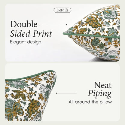 CPC 100% Cotton Throw Pillow Covers 18x18 Inch, Set of 2 Green Block Print Pattern Couch Pillow, Cute Boho Decorative Pillows for Living Room, Bedroom with Hidden Zipper- Agate Green