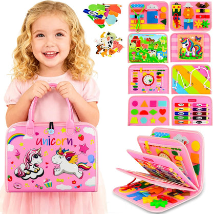 Toddler Busy Board Montessori Toys for Toddler 1-3 Year Old, Girl Birthday Gift, Preschool Educational Montessori Busy Book Board, Felt Sensory Activity Board Sorting Toy Age 2-4 with Fine Motor Skill