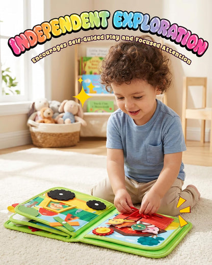 Montessori Busy Book for Toddlers, 8-Page Sensory Activity Book for Fine Motor Skills & Basic Dress Learning, Portable Travel Toy for Preschool Kids, Birthday Gift for Boys and Girls (Blue)