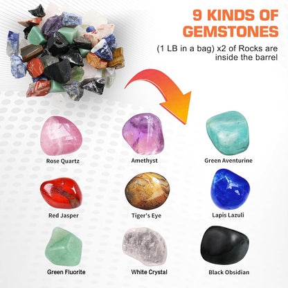 Professional Rock Tumbler Kit - Double Drum 6LB Rock Polisher(Double Barrel), Includes Rough Gemstones, 8 Polishing Grits, Jewelry, Learning Guide, Ideal Gift for Adults & Collectors