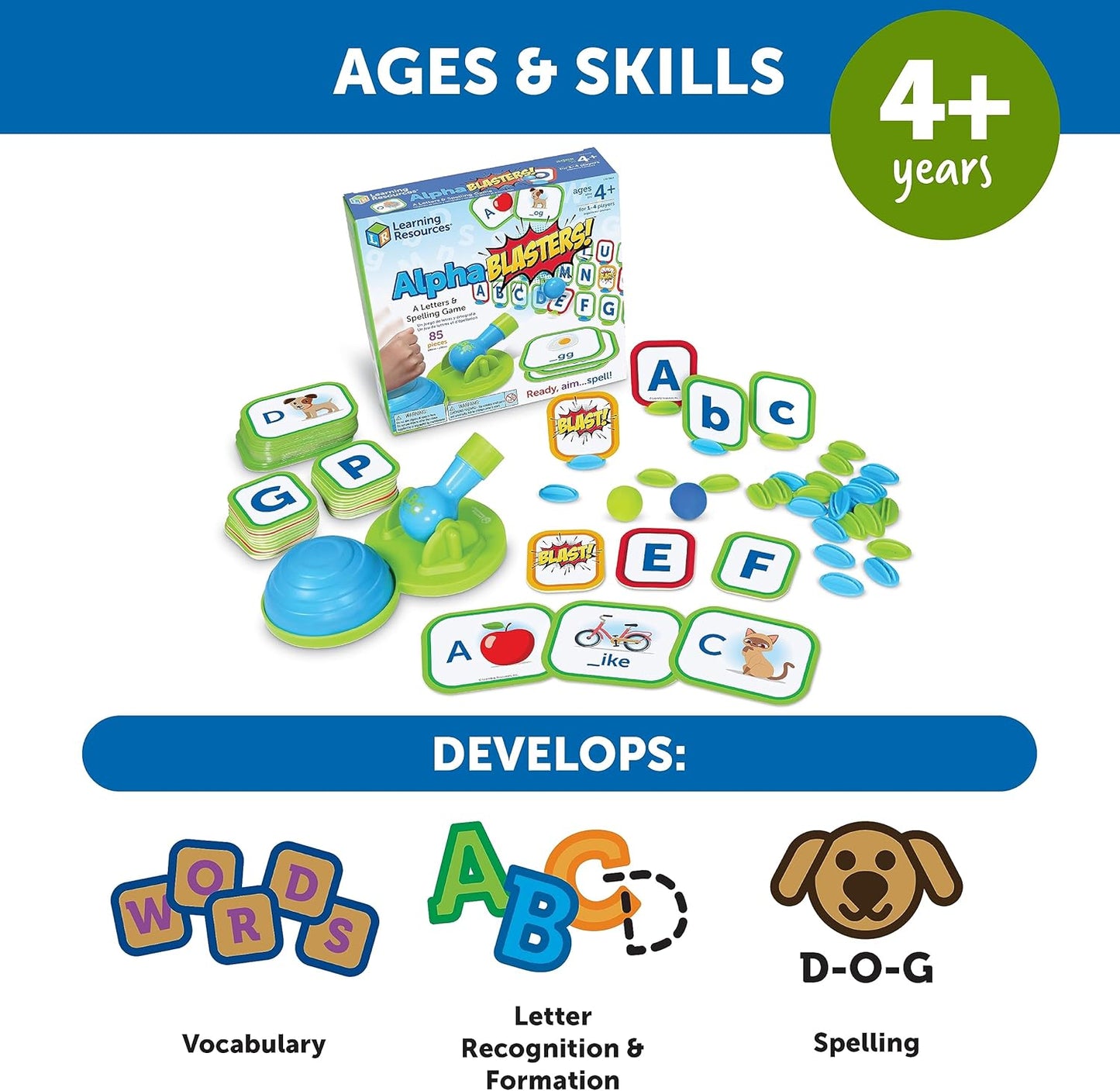 Learning Resources Alphablasters Letter and Spelling Game - 85 Pieces, Ages 4 and Up Toddler Preschool Learning, Educational Indoor Games, Preschool Alphabet, Toddler Brain Games